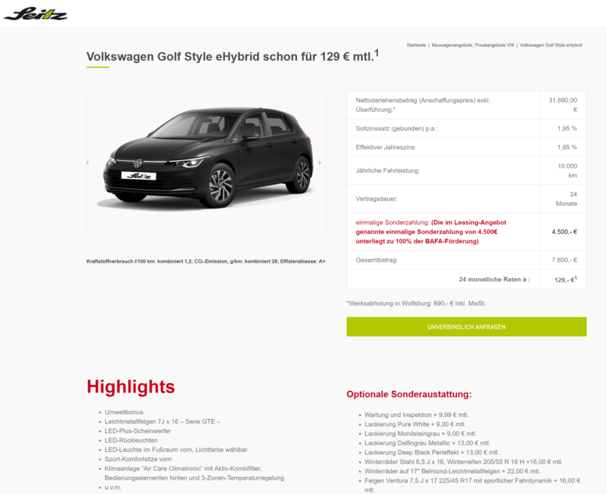 Volkswagen Golf Viii Ehybrid Leasing F R Brutto Sparneuwagen De