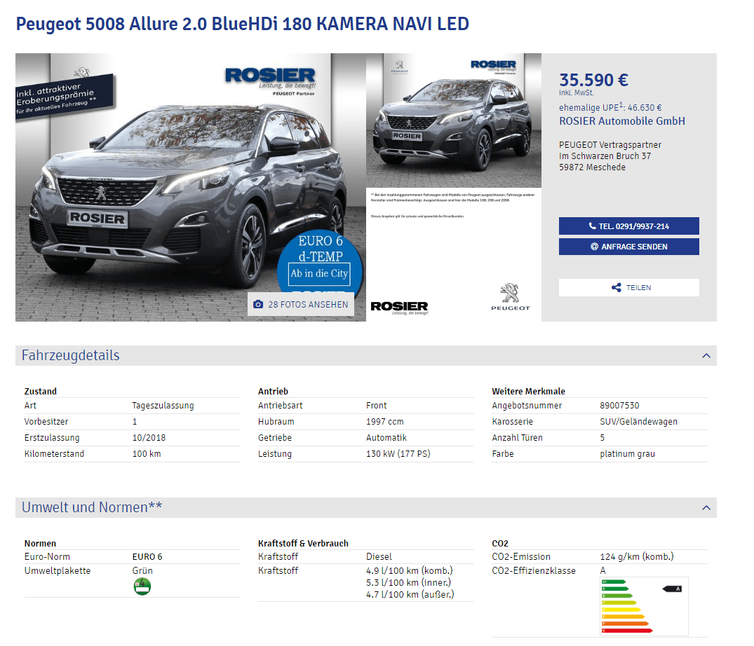 Kaufdeal! Peugeot 5008 Allure 2.0 BlueHDi 180 [Tageszulassung