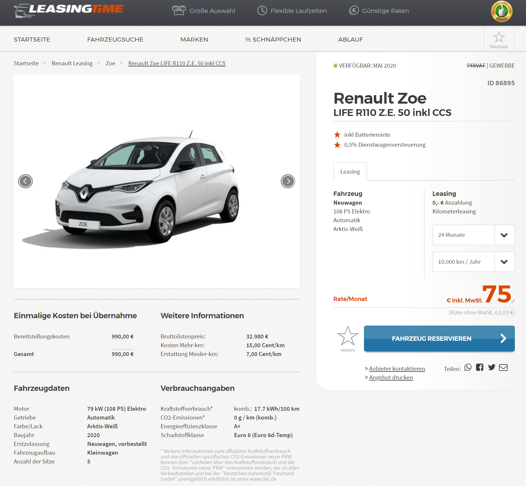 Renault Zoe Life R110/Z.E. 50 mit Batterie Leasing für 63,03 Euro